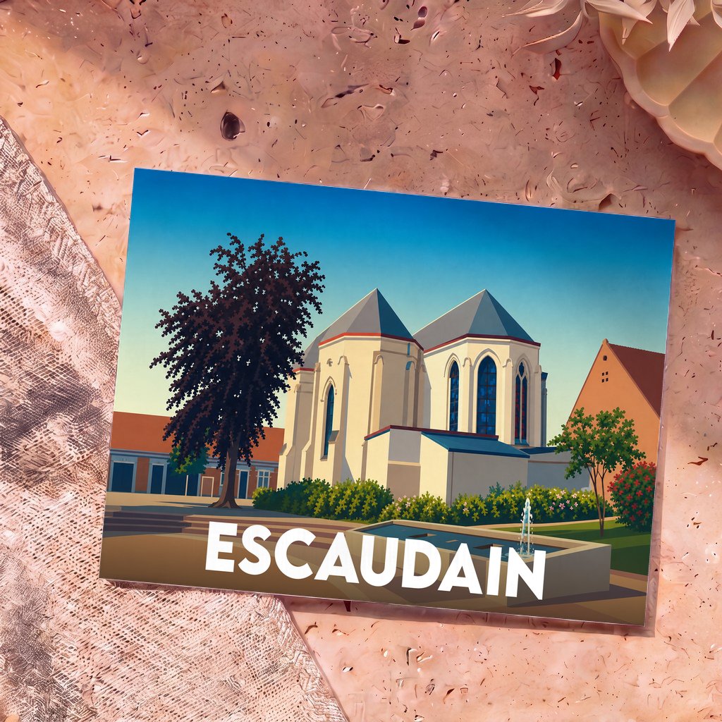 Carte postale souvenir de la ville d'Escaudain avec une illustration stylisée de son église et d'une fontaine.
