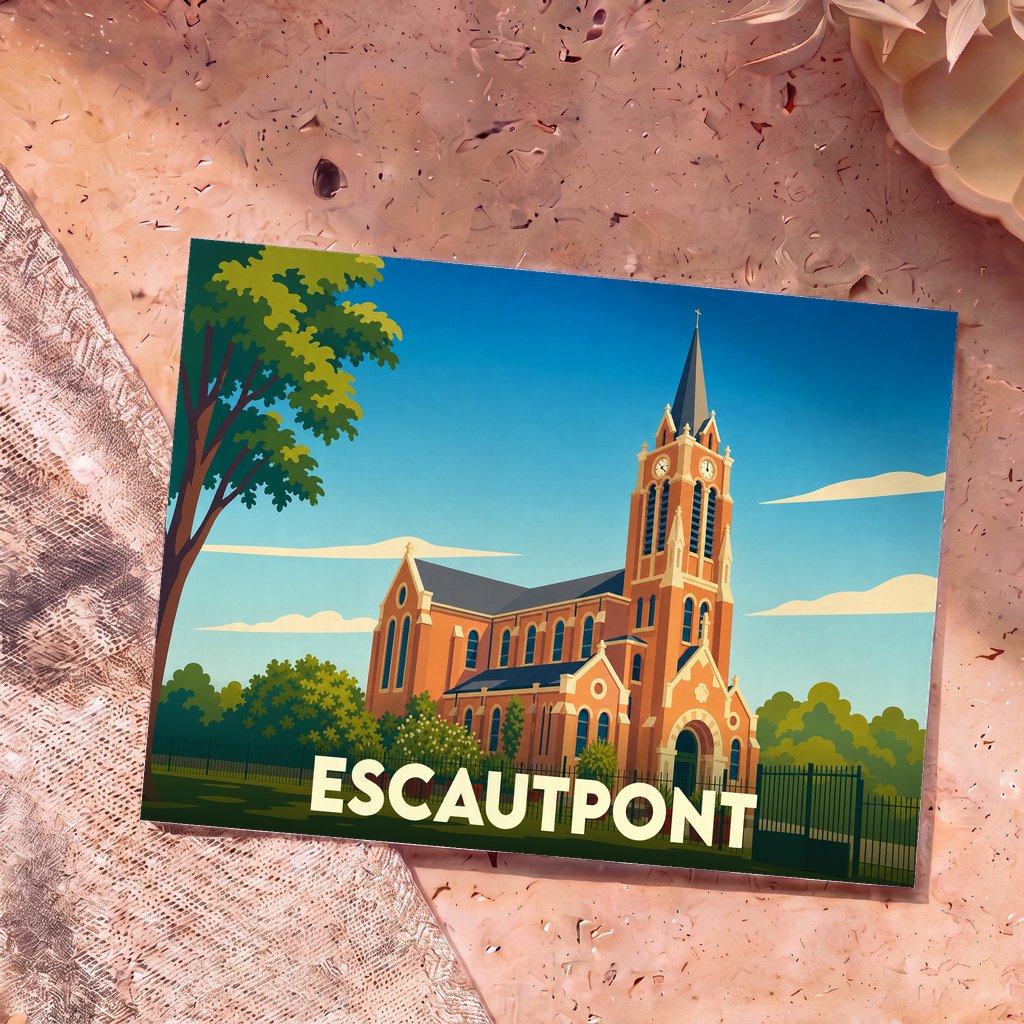 Carte postale souvenir de la ville d'Escautpont avec une illustration stylisée de son église.