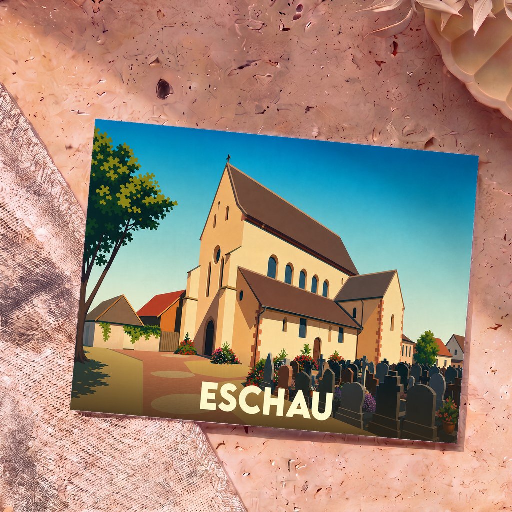 Carte postale souvenir de la ville d'Eschau illustrant son église et son cimetière dans un style graphique épuré.