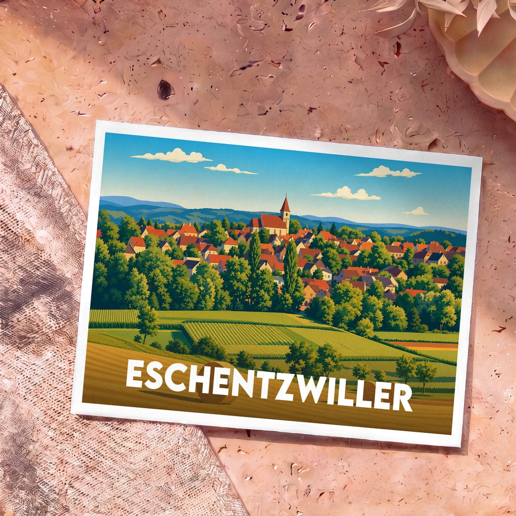 Carte postale souvenir de la ville d'Eschentzwiller avec une illustration stylisée et colorée du village.