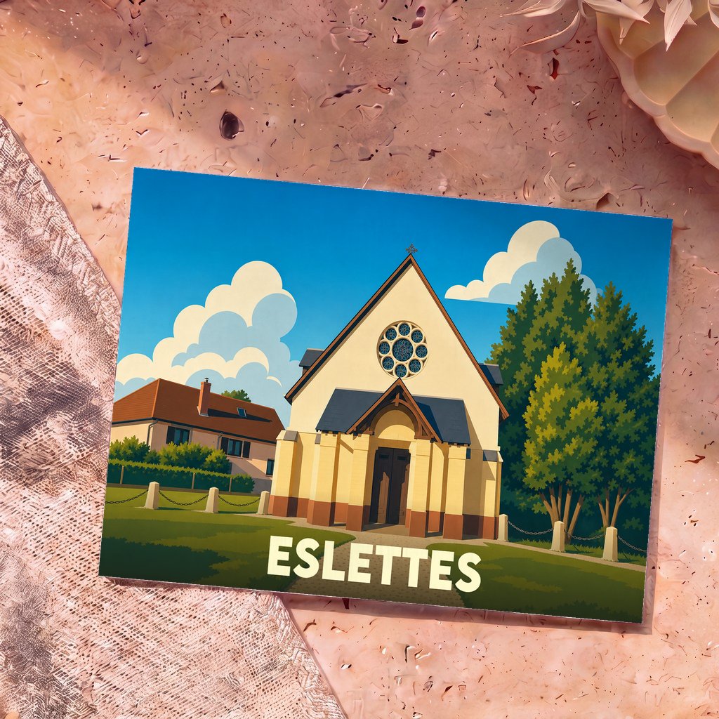 Carte postale souvenir de la ville d'Eslettes avec une illustration stylisée de son église sous un ciel azur.