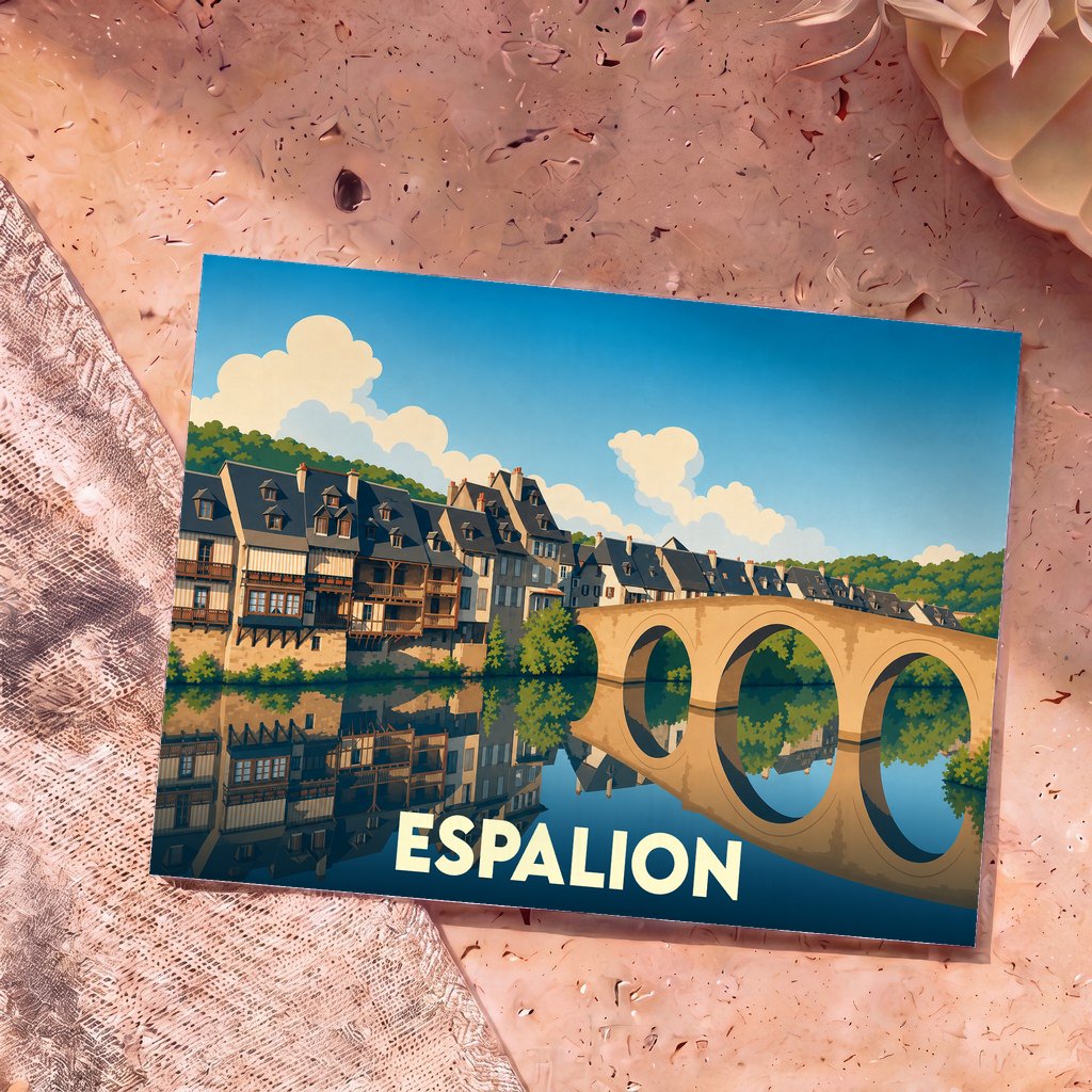 Carte postale souvenir de la ville d'Espalion avec une illustration stylisée de son pont vieux et de ses maisons au bord du Lot.