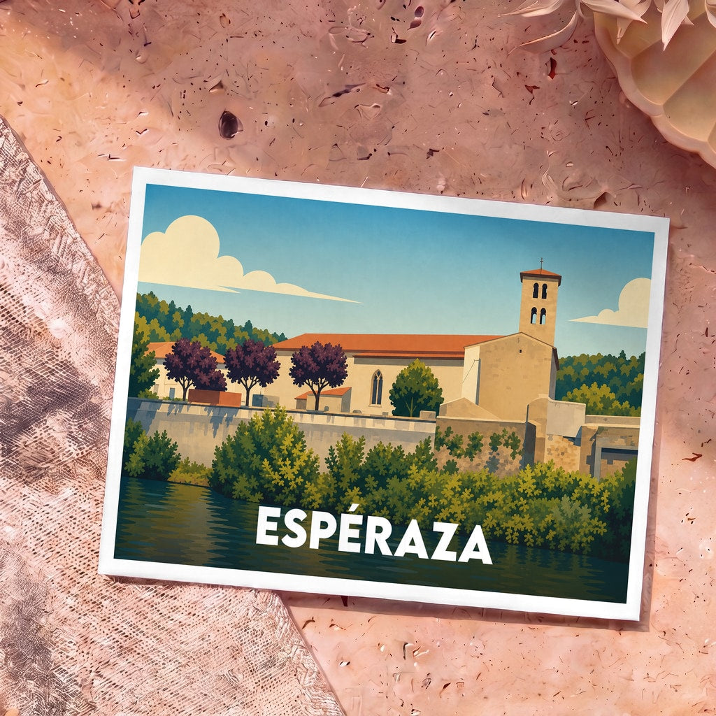 Carte postale souvenir de la ville d'Espéraza avec une illustration stylisée des bords de l'Aude.