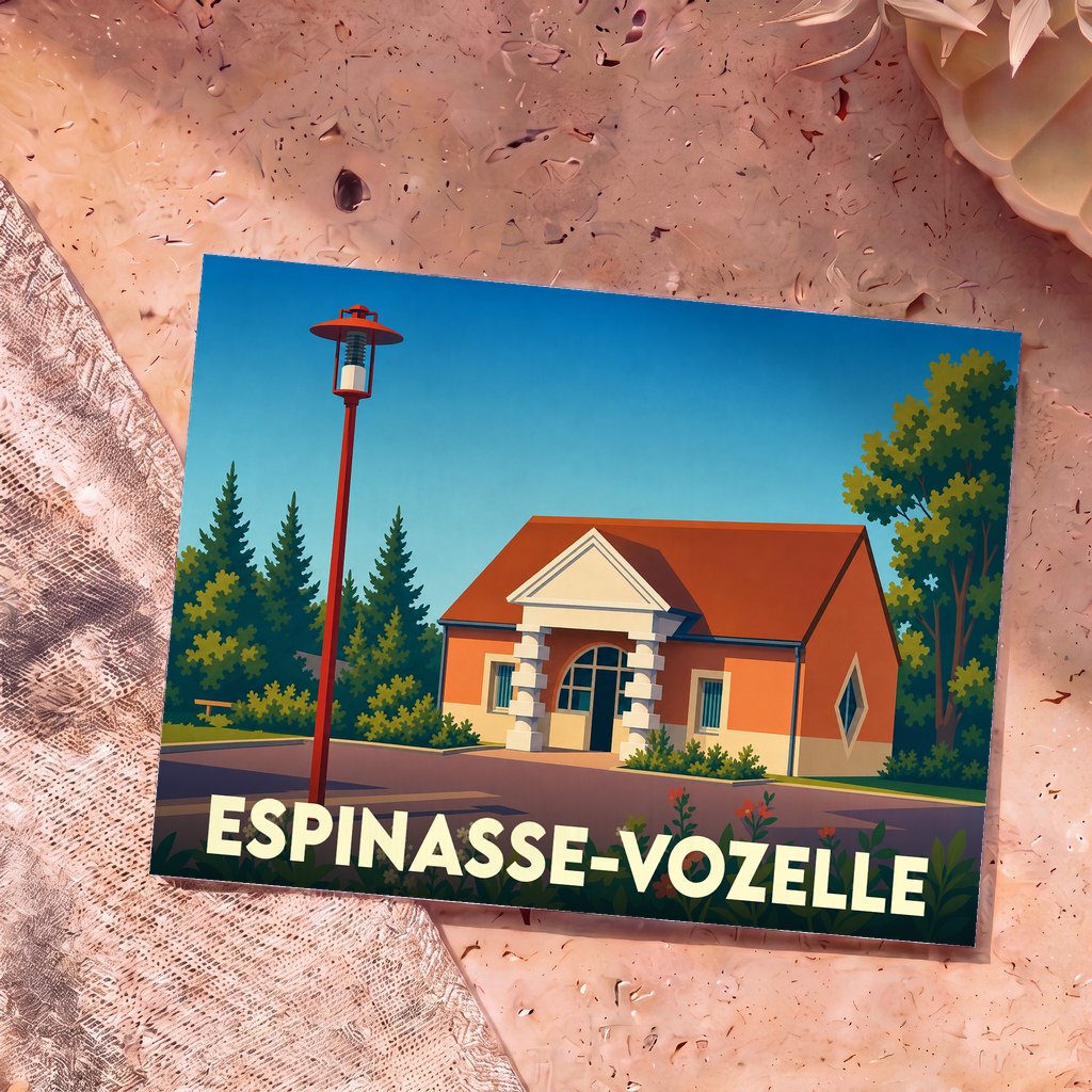 Carte postale souvenir de la ville d'Espinasse-Vozelle avec une illustration stylisée.
