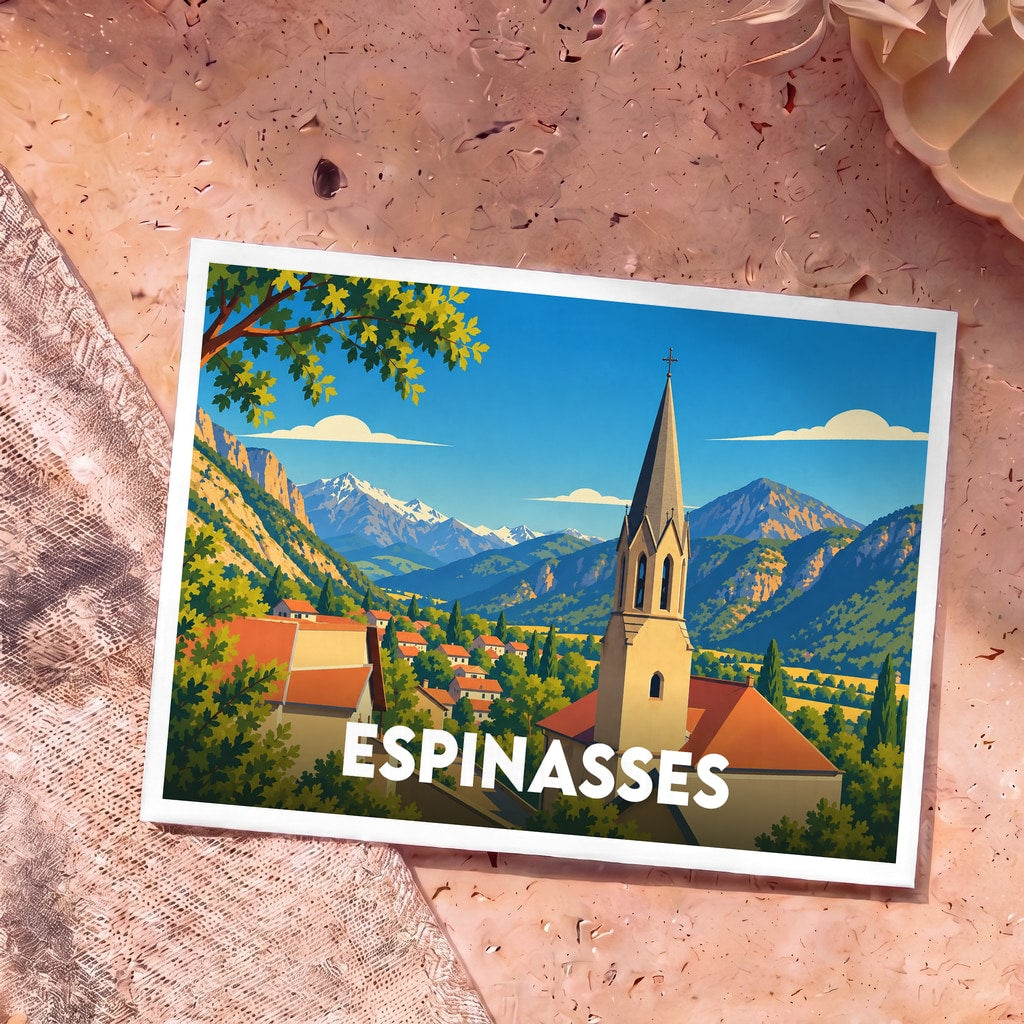 Carte postale souvenir de la ville d'Espinasses avec une illustration stylisée d'un village de montagne et de son église.