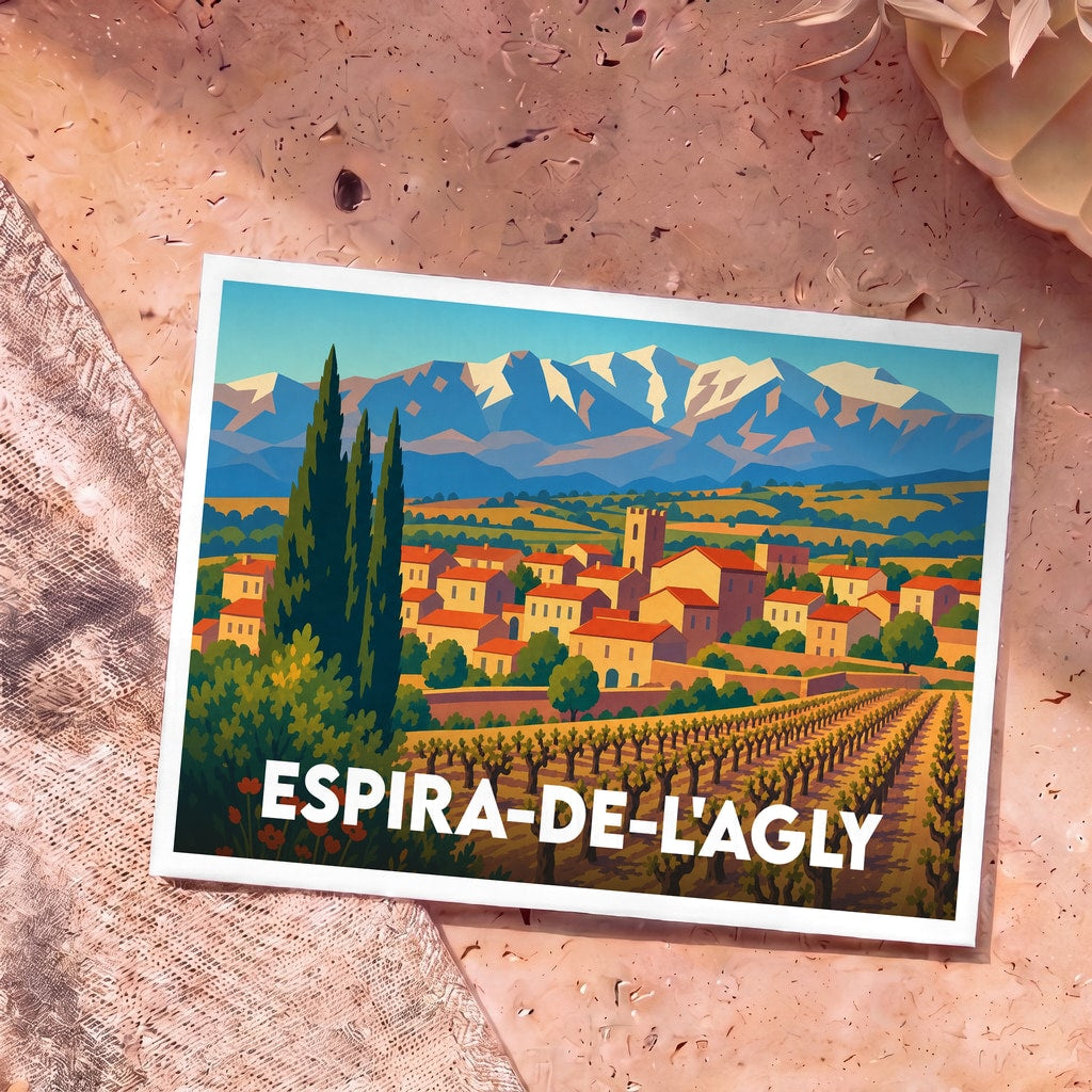 Carte postale souvenir de la ville d'Espira-de-l'Agly avec une illustration stylisée d'un vignoble et des montagnes.