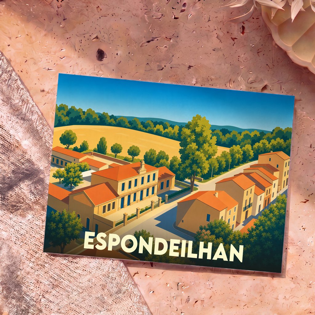 Carte postale souvenir de la ville d'Espondeilhan illustrant le village et ses paysages environnants dans un style graphique épuré.