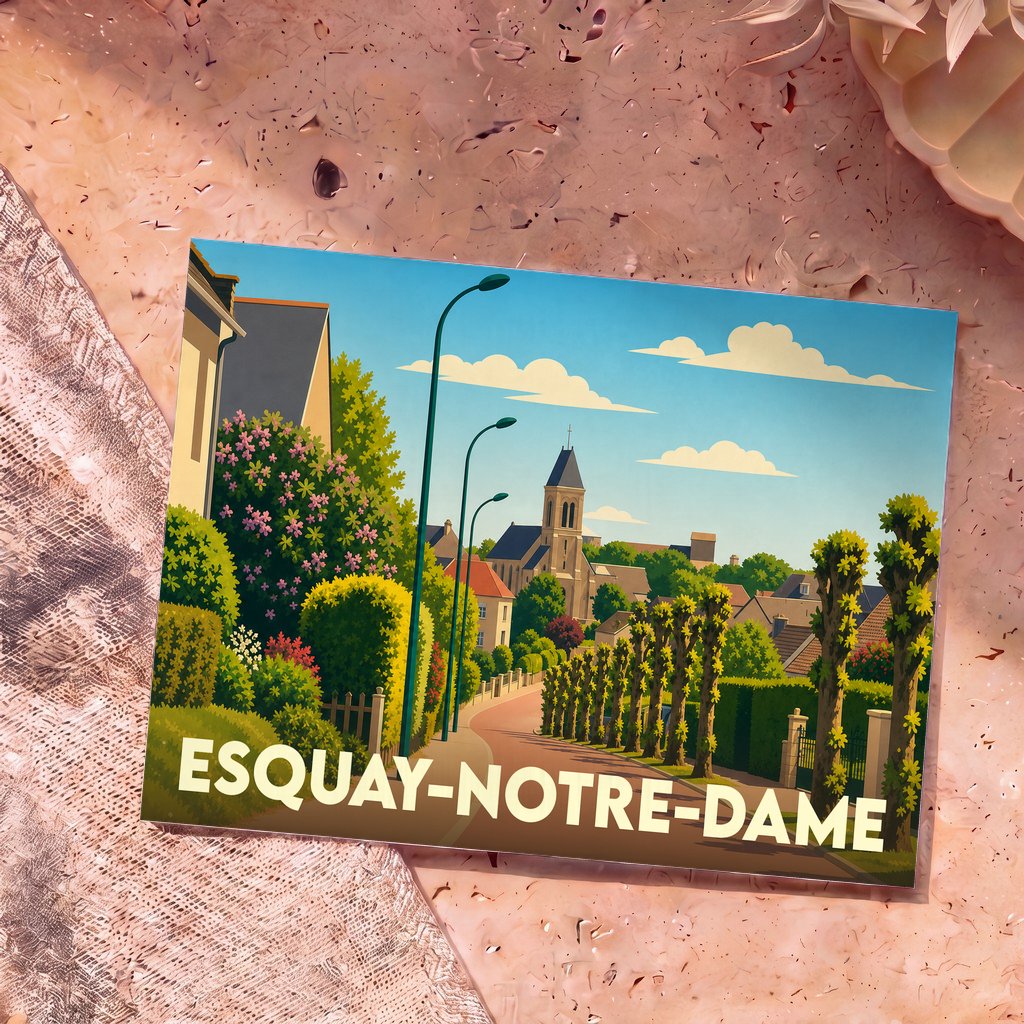 Carte postale souvenir de la ville d'Esquay-Notre-Dame avec une illustration stylisée et colorée de ses rues et de son église.