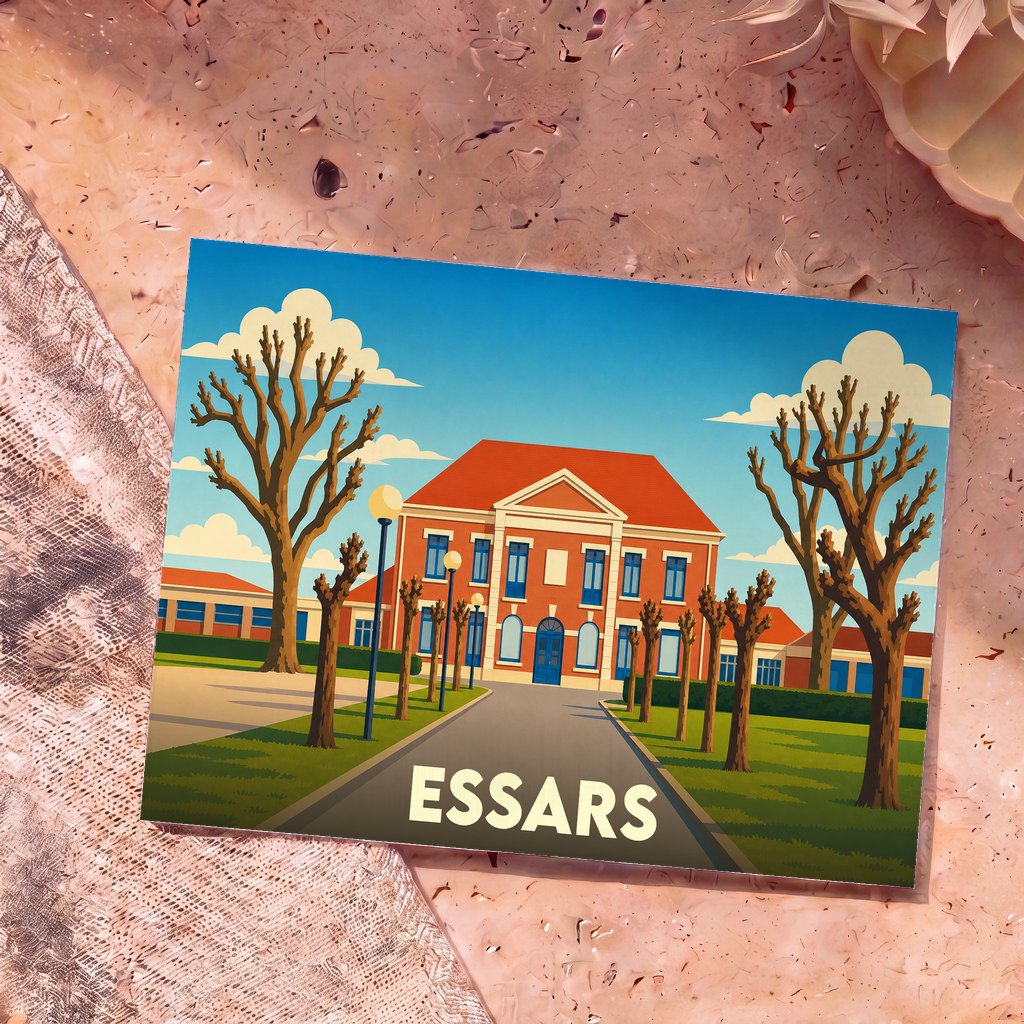 Carte postale souvenir de la ville d'Essars avec une illustration stylisée de sa mairie et de ses arbres.