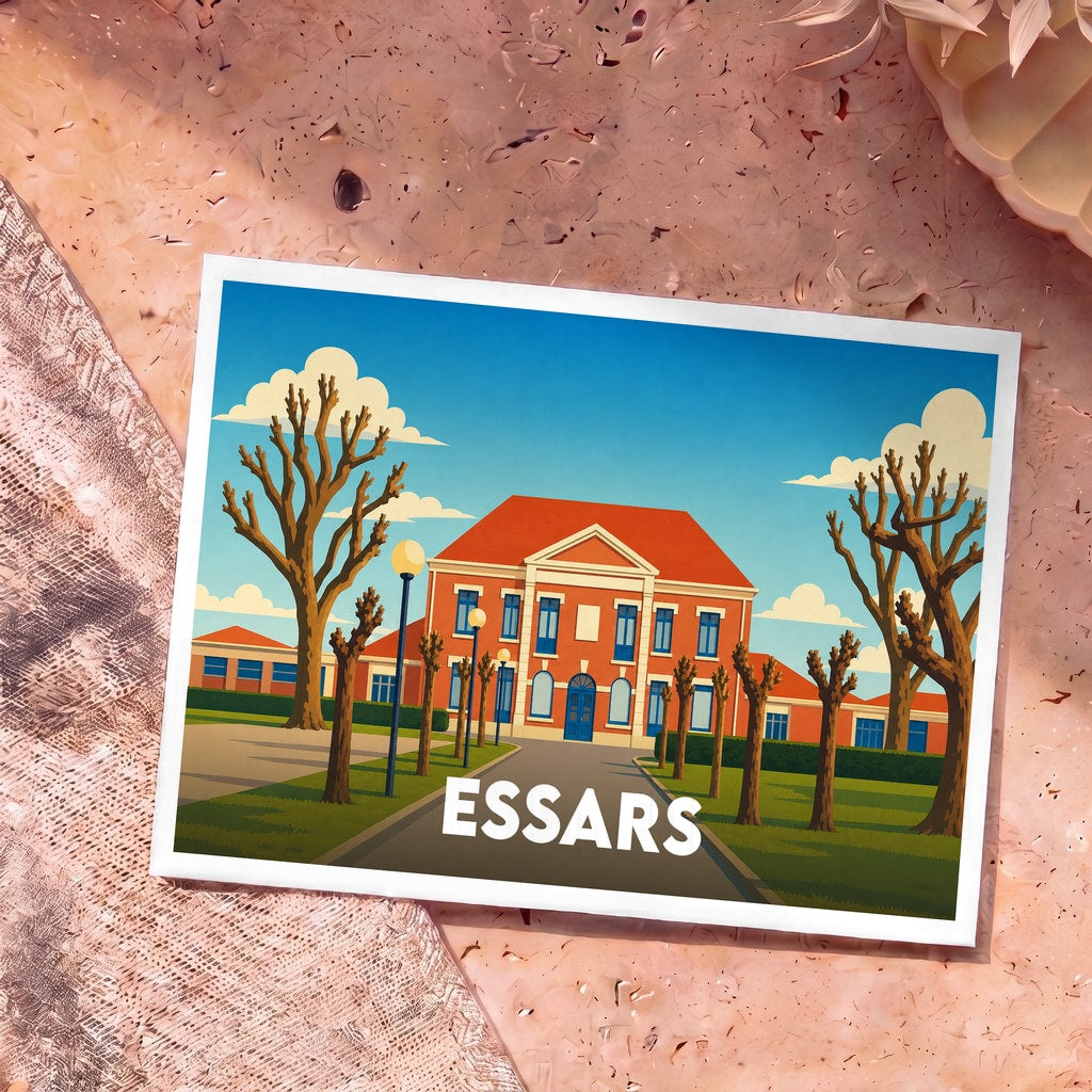 Carte postale souvenir de la ville d'Essars avec une illustration stylisée de sa mairie et de ses arbres.