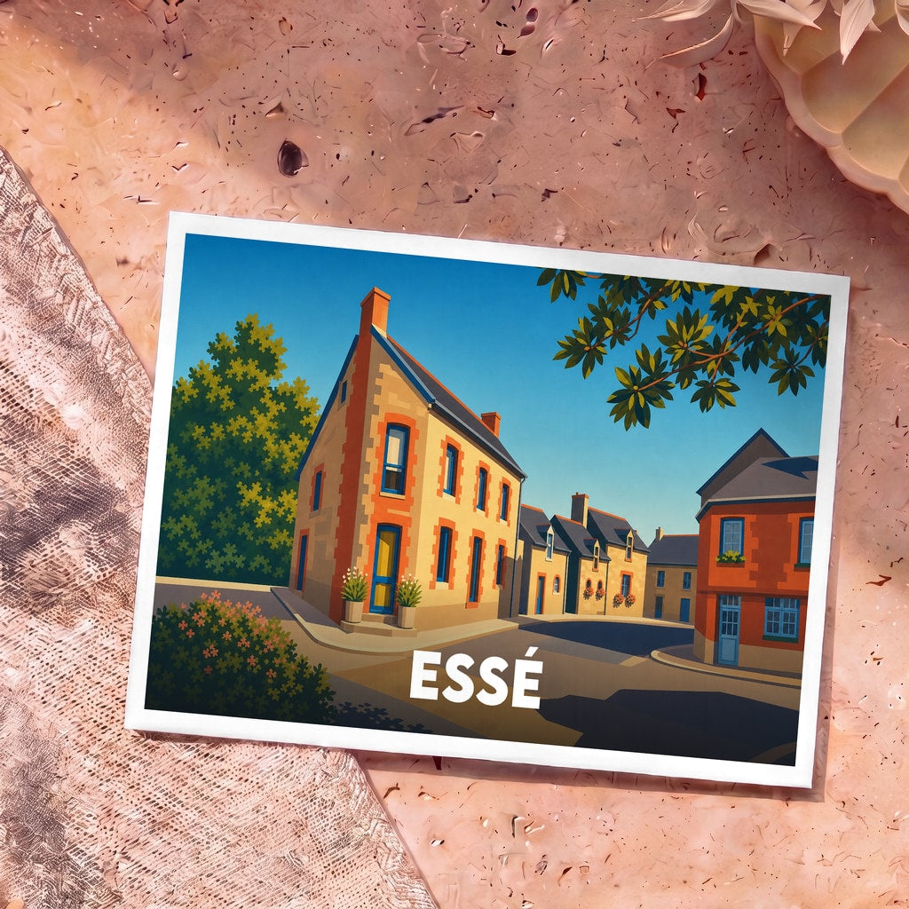 Carte postale souvenir de la ville d'Essé avec une illustration stylisée de ses rues colorées.