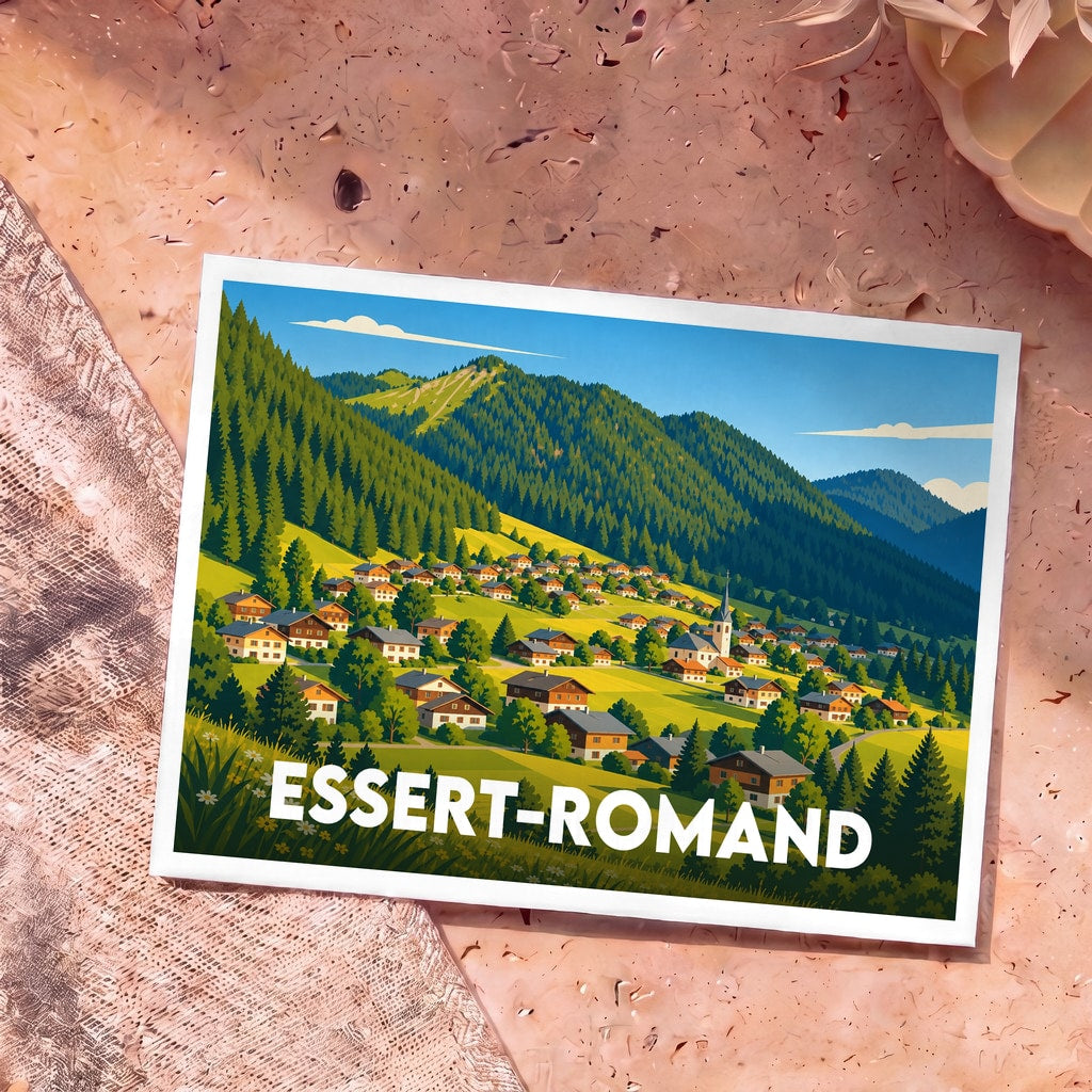 Carte postale souvenir de la ville d'Essert-Romand avec une illustration stylisée d'un village de montagne.
