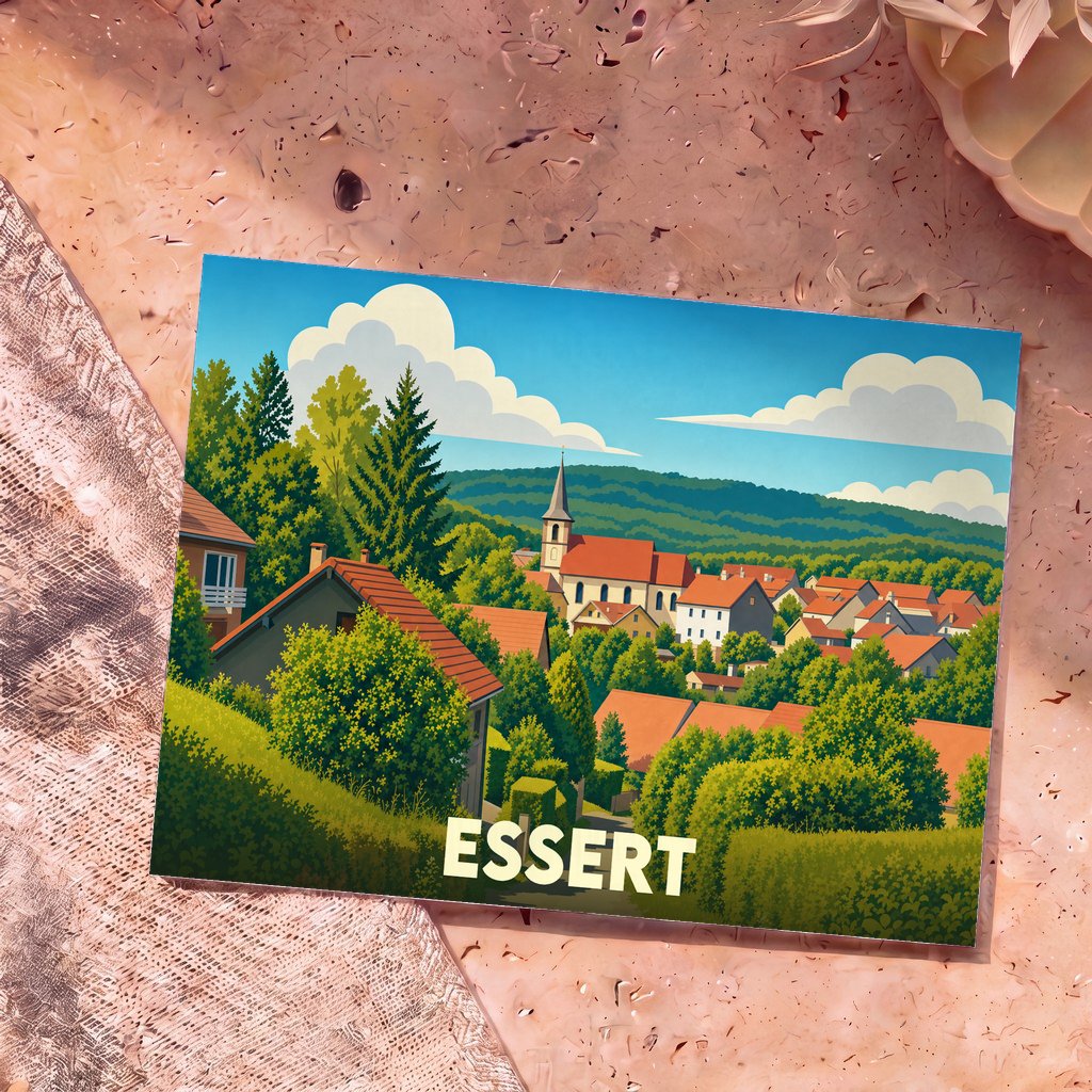 Carte postale souvenir de la ville d'Essert avec une illustration stylisée d'un village verdoyant sous un ciel bleu.