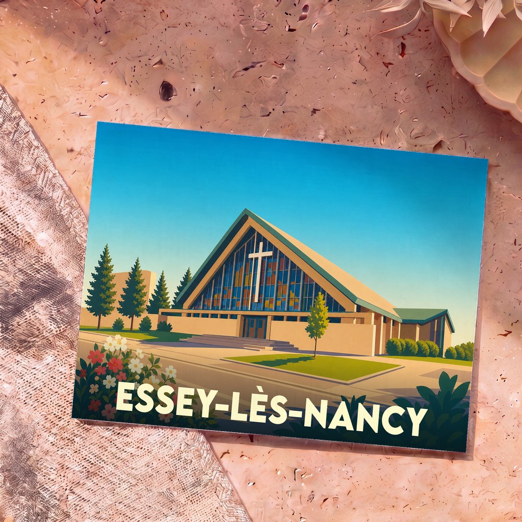 Carte postale souvenir de la ville d'Essey-lès-Nancy illustrant son église moderne dans un style graphique épuré.