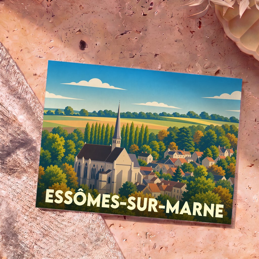 Carte postale souvenir de la ville d'Essômes-sur-Marne illustrant son église et son village dans un style graphique et coloré.