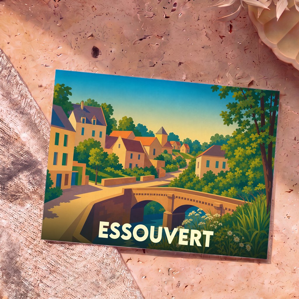 Carte postale souvenir de la ville d'Essouvert avec une illustration stylisée d'un pont et de maisons colorées.