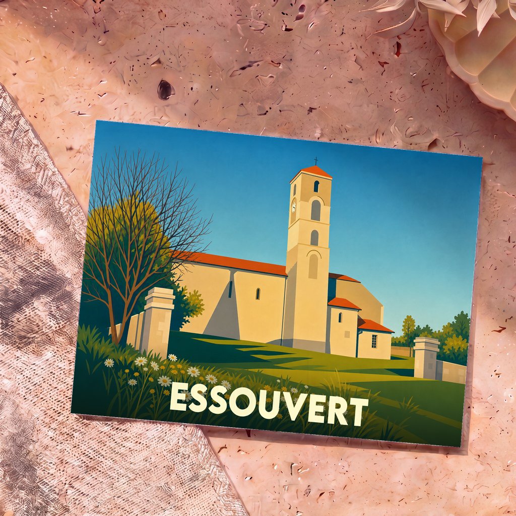 Carte postale souvenir de la ville d'Essouvert illustrant son église dans un style graphique épuré.