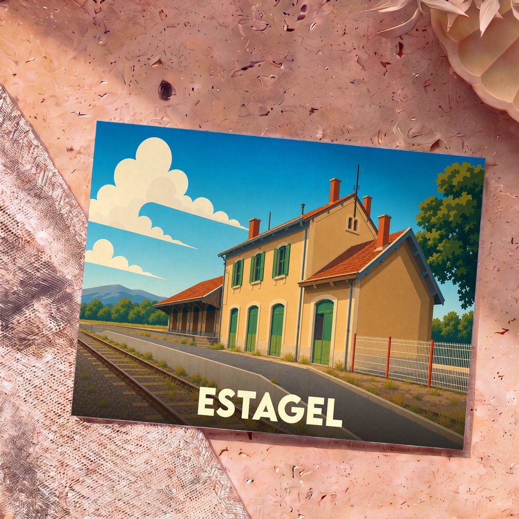Carte postale souvenir de la ville d'Estagel avec une illustration stylisée de sa gare ferroviaire.