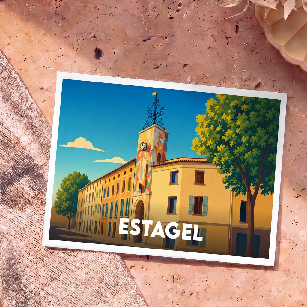Carte postale souvenir de la ville d'Estagel avec une illustration stylisée de sa tour de l'horloge.