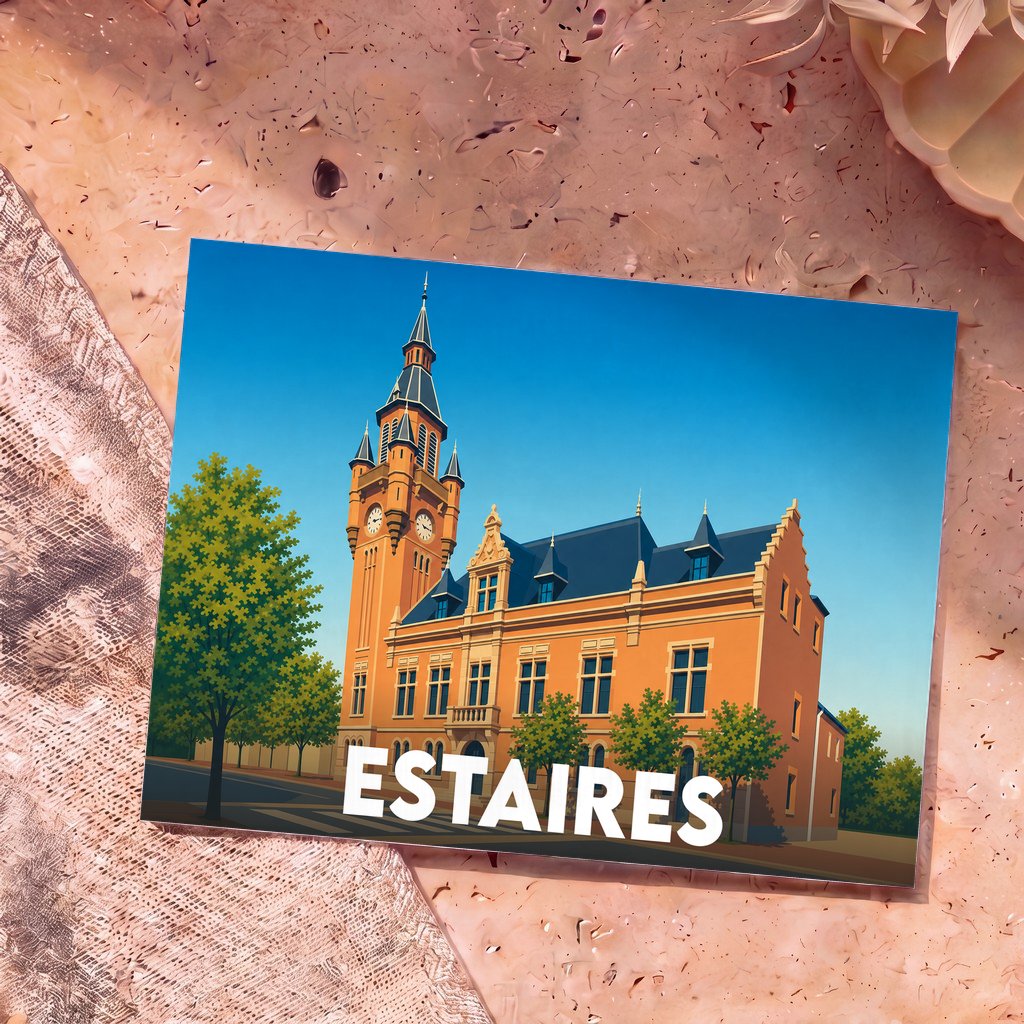 Carte postale souvenir de la ville d'Estaires avec une illustration stylisée de son hôtel de ville.
