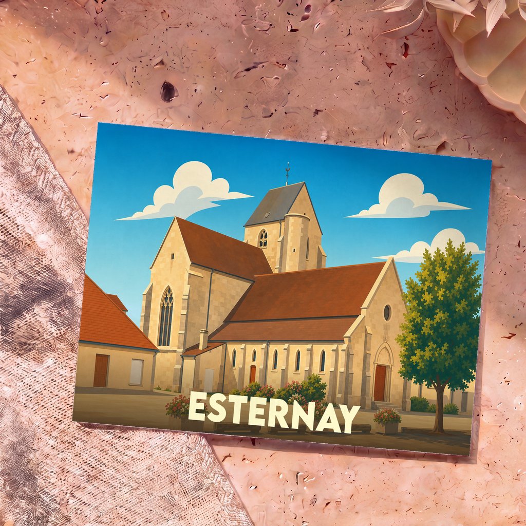 Carte postale souvenir de la ville d'Esternay arborant une illustration stylisée de son église sous un ciel bleu.