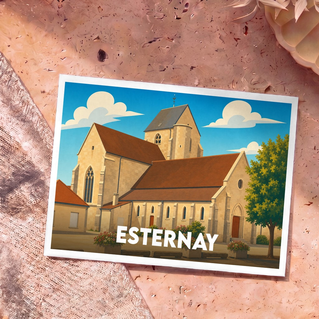 Carte postale souvenir de la ville d'Esternay arborant une illustration stylisée de son église sous un ciel bleu.