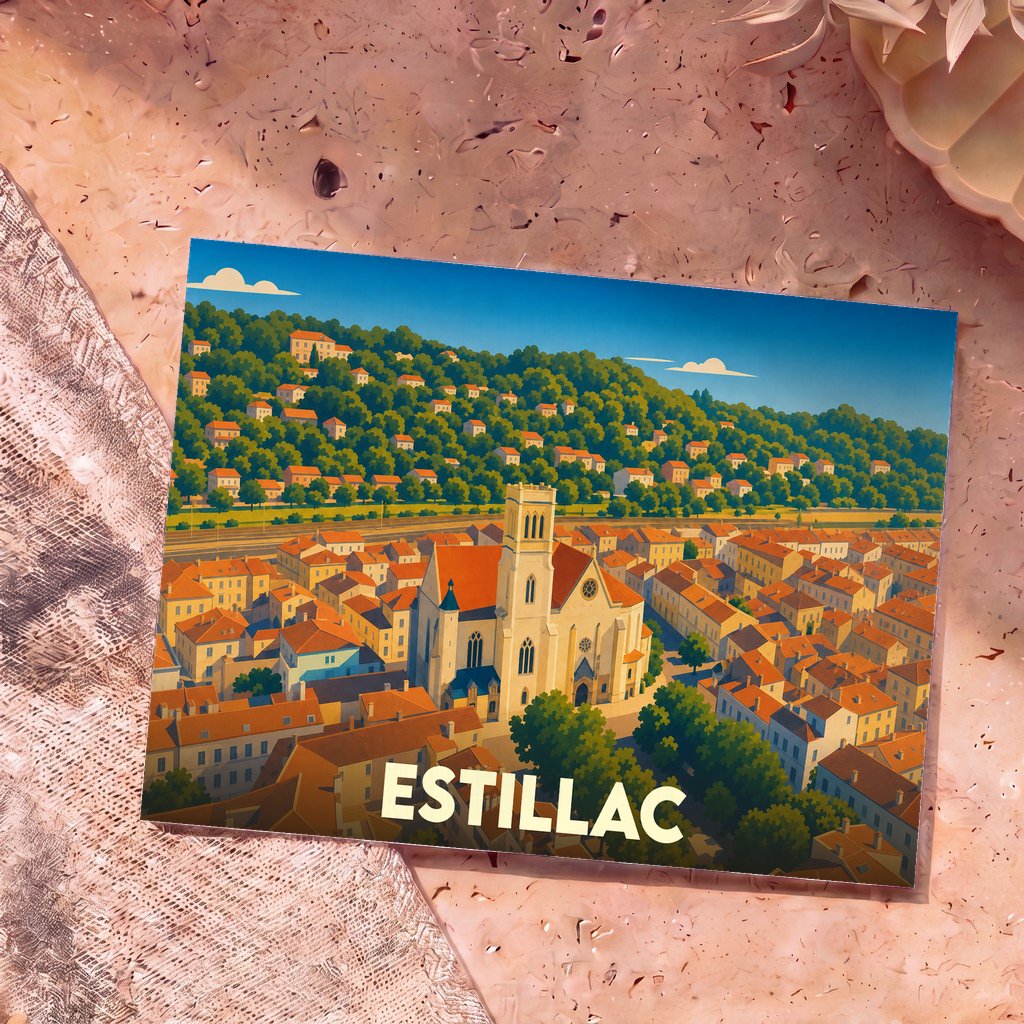 Carte postale souvenir de la ville d'Estillac avec une illustration stylisée montrant son église et ses maisons nichées sur une colline arborée.