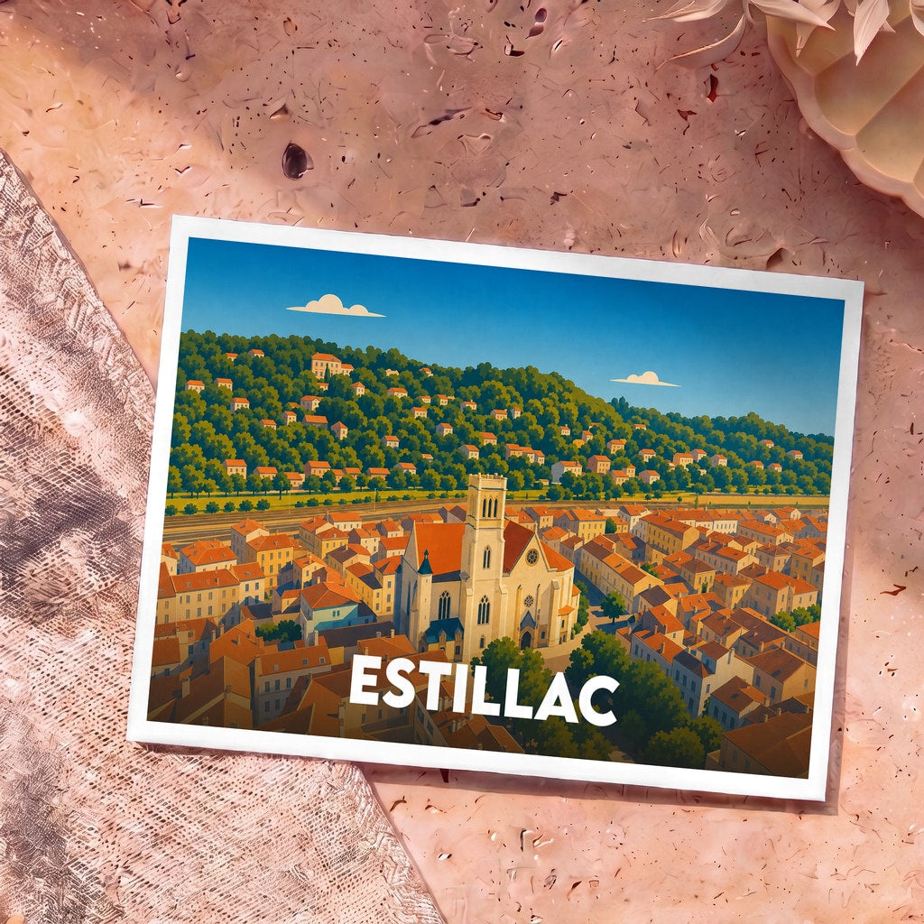 Carte postale souvenir de la ville d'Estillac avec une illustration stylisée montrant son église et ses maisons nichées sur une colline arborée.