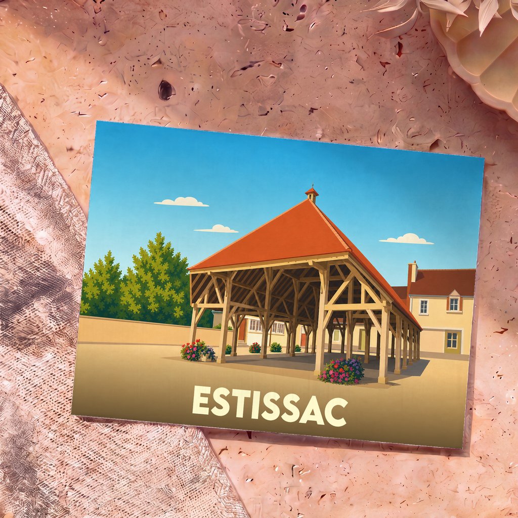 Carte postale souvenir de la ville d'Estissac avec une illustration stylisée de sa halle traditionnelle.