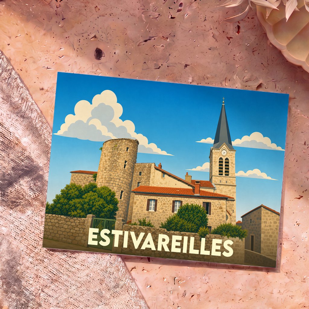 Carte postale souvenir de la ville d'Estivareilles avec une illustration stylisée de son église et de ses bâtiments en pierre.