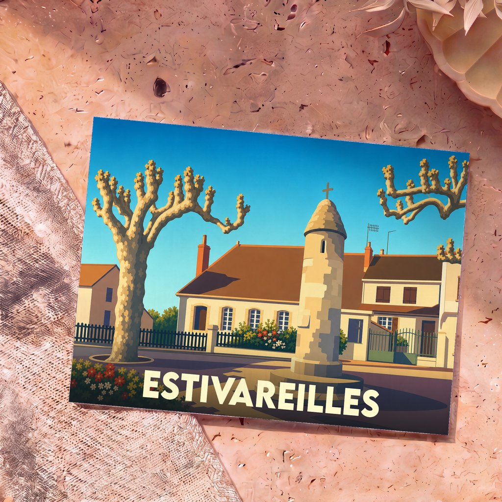 Carte postale souvenir de la ville d'Estivareilles avec une illustration stylisée d'une place ensoleillée.
