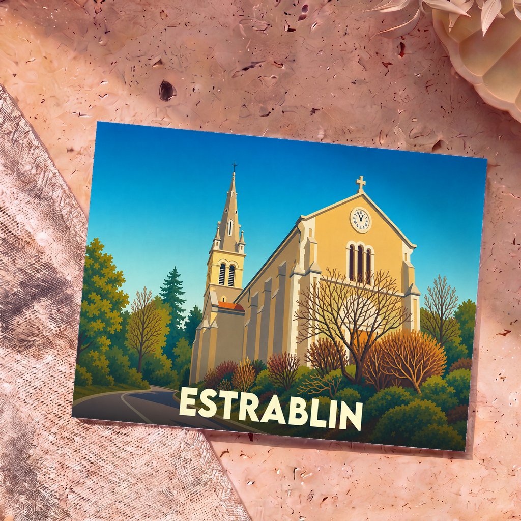 Carte postale souvenir de la ville d'Estrablin avec une illustration stylisée de son église.