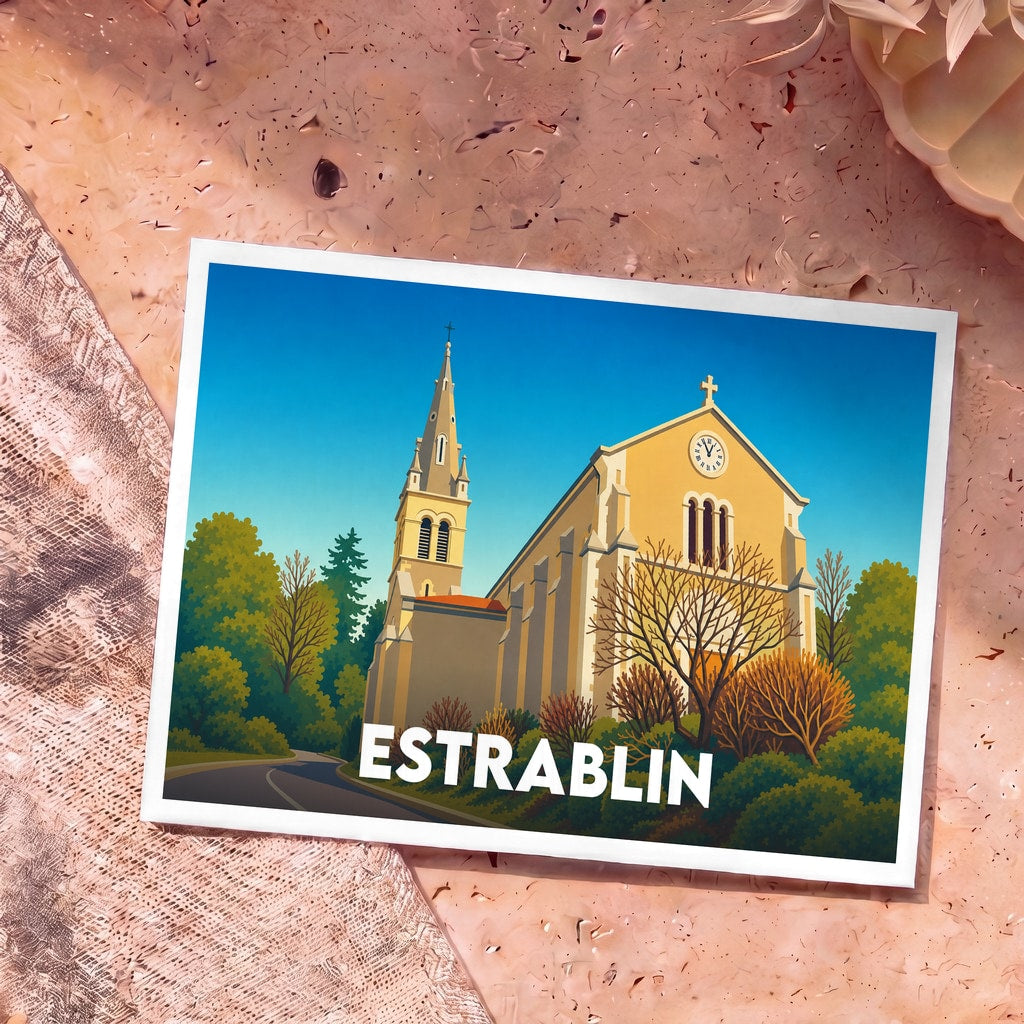 Carte postale souvenir de la ville d'Estrablin avec une illustration stylisée de son église.