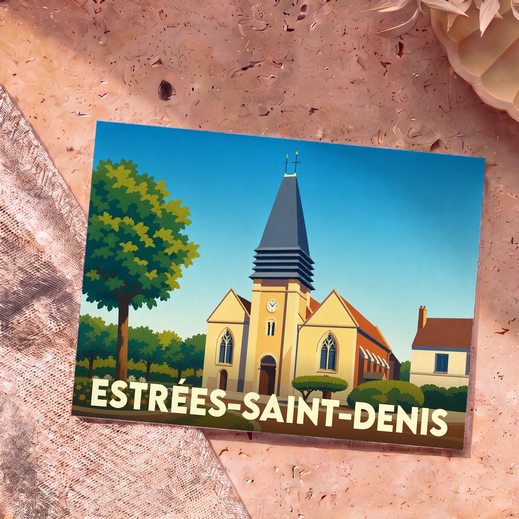 Carte postale souvenir de la ville d'Estrées-Saint-Denis avec une illustration stylisée de son église.