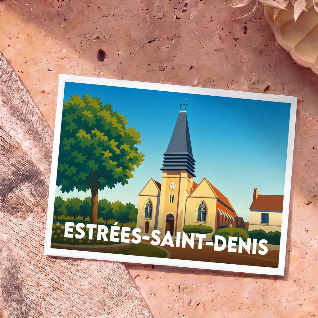 Carte postale souvenir de la ville d'Estrées-Saint-Denis avec une illustration stylisée de son église.