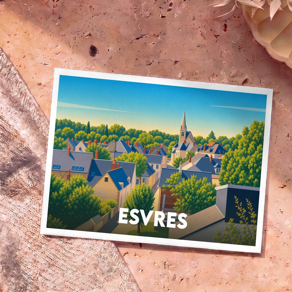 Carte postale souvenir de la ville d'Esvres avec une illustration stylisée de ses toits et de son église.