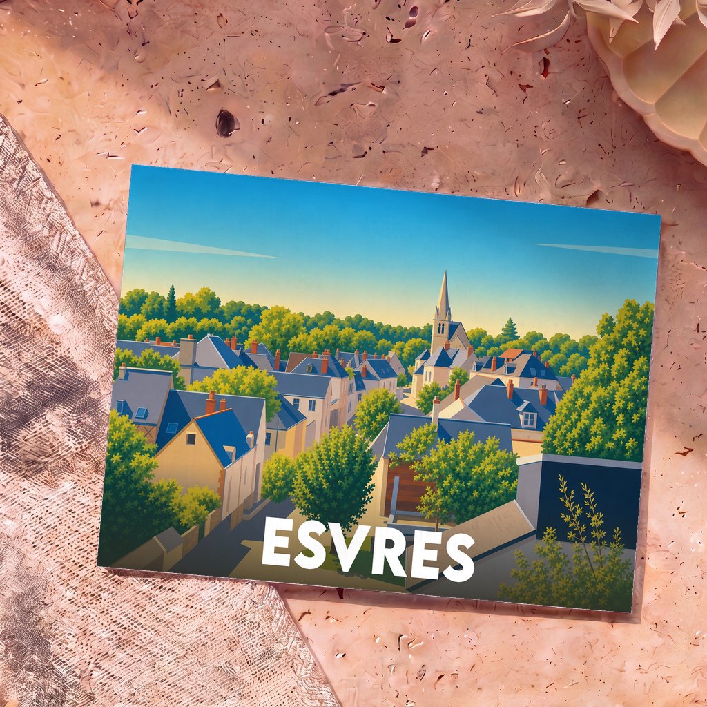Carte postale souvenir de la ville d'Esvres avec une illustration stylisée de ses toits et de son clocher.