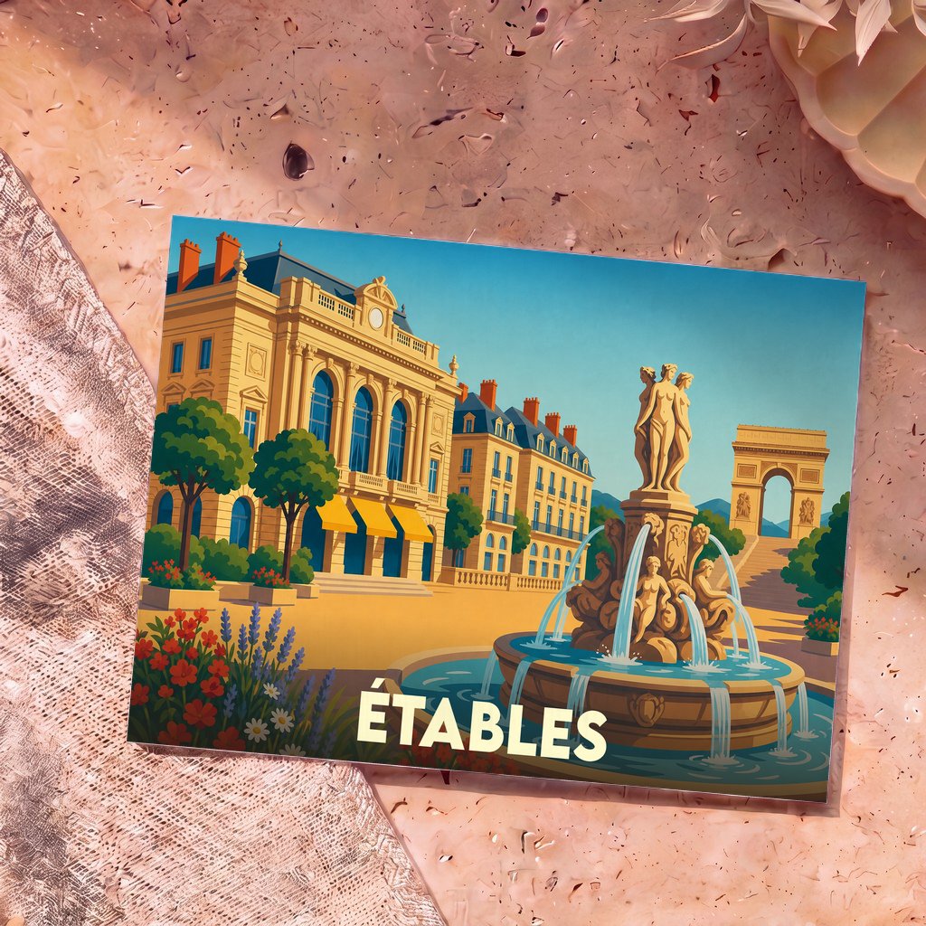 Carte postale souvenir de la ville de Étables avec une illustration stylisée d'une place animée, d'une fontaine sculptée et d'une architecture classique.