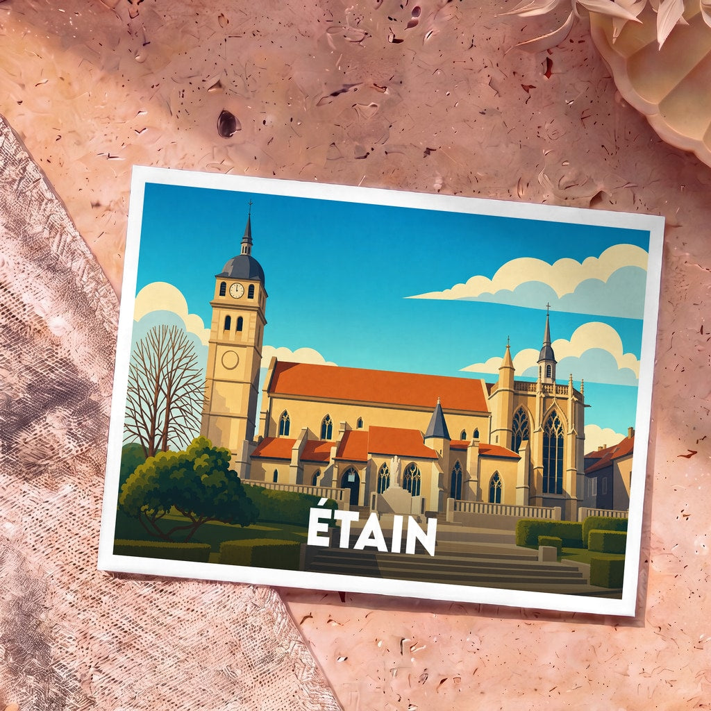 Carte postale souvenir de la ville d'Étain illustrant son église dans un style graphique épuré.