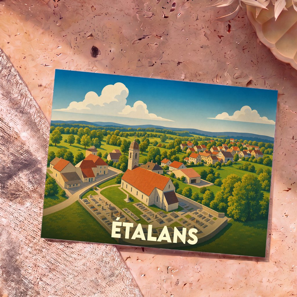 Carte postale souvenir de la ville d'Étalans avec une illustration stylisée d'un village verdoyant.