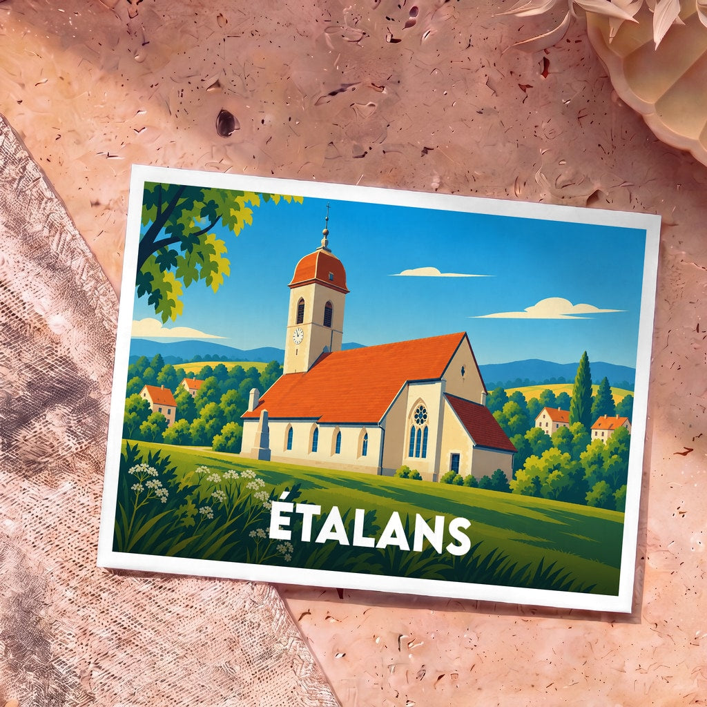 Carte postale souvenir de la ville de Étalans avec une illustration stylisée de son église.