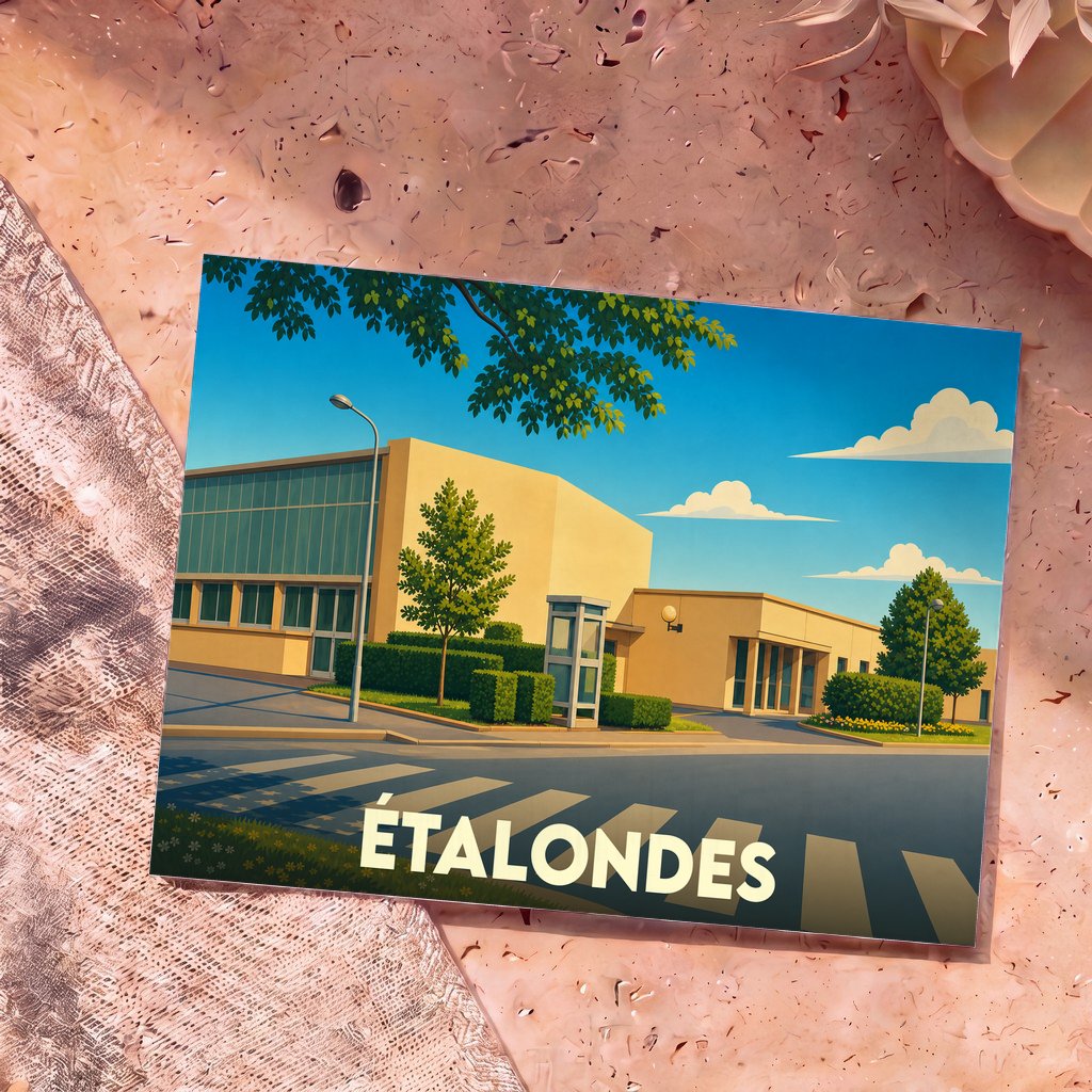 Carte postale souvenir de la ville d'Étalondes avec une illustration stylisée de ses bâtiments sous un ciel bleu.