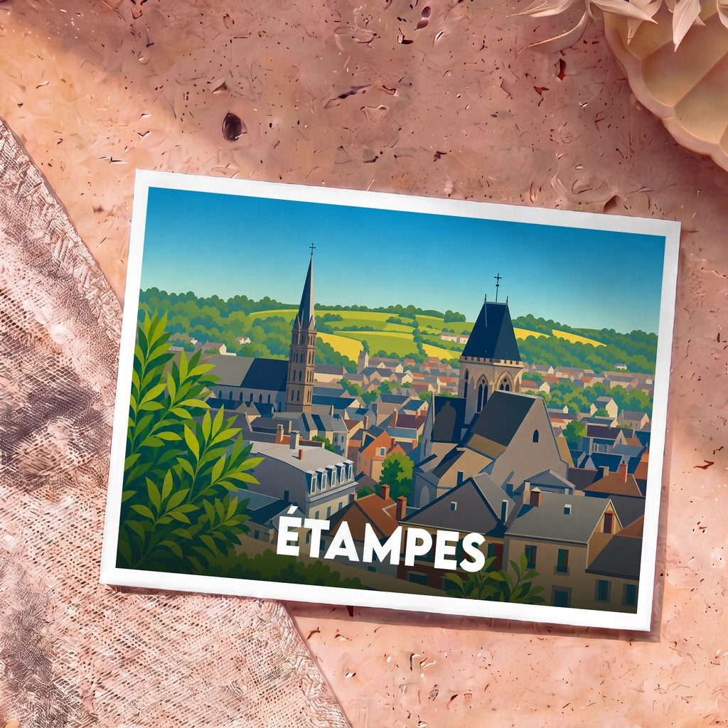 Carte postale souvenir de la ville d'Étampes présentant une illustration stylisée de ses églises et de ses toits.