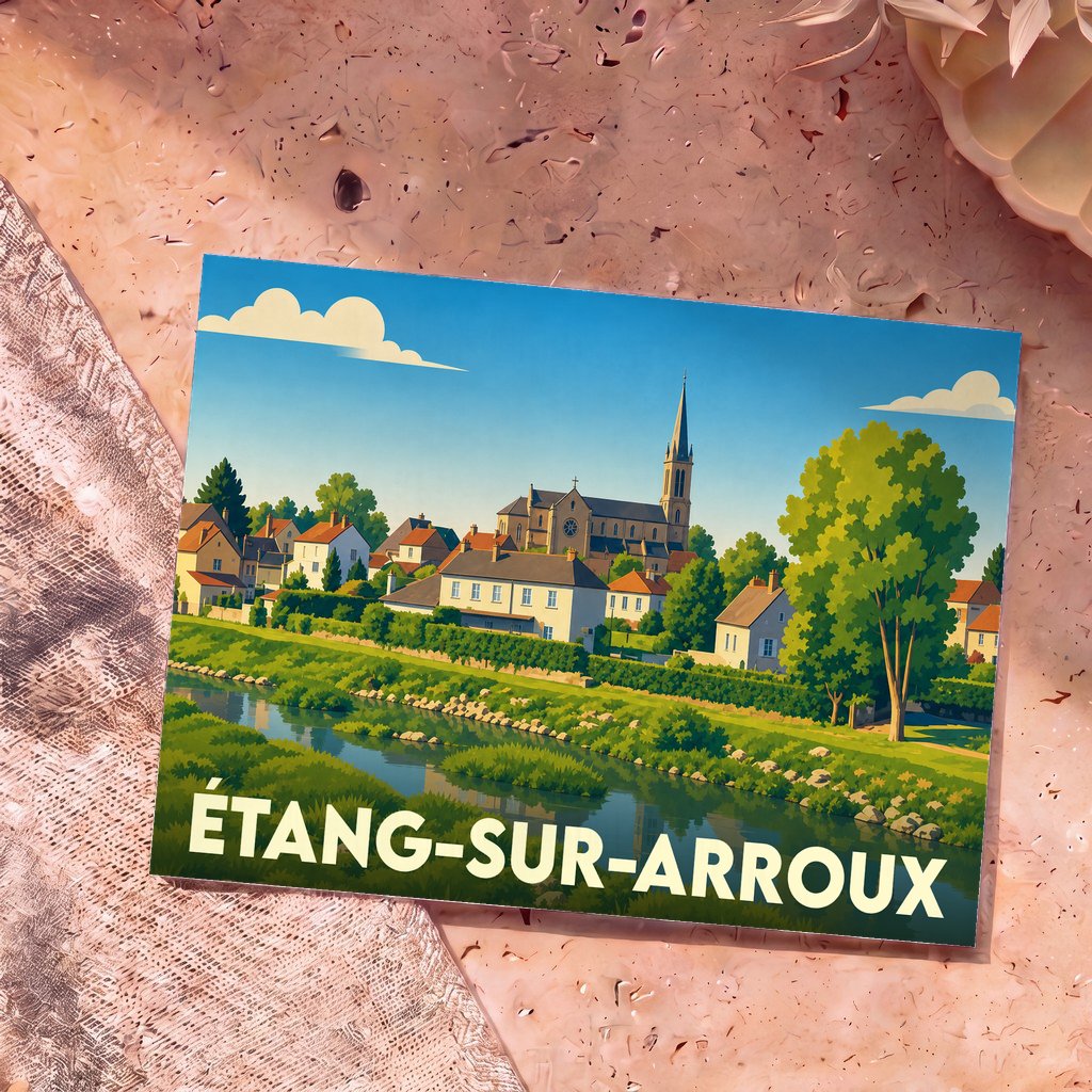 Carte postale souvenir de la ville d'Étang-sur-Arroux avec une illustration stylisée d'un village en bord de rivière.