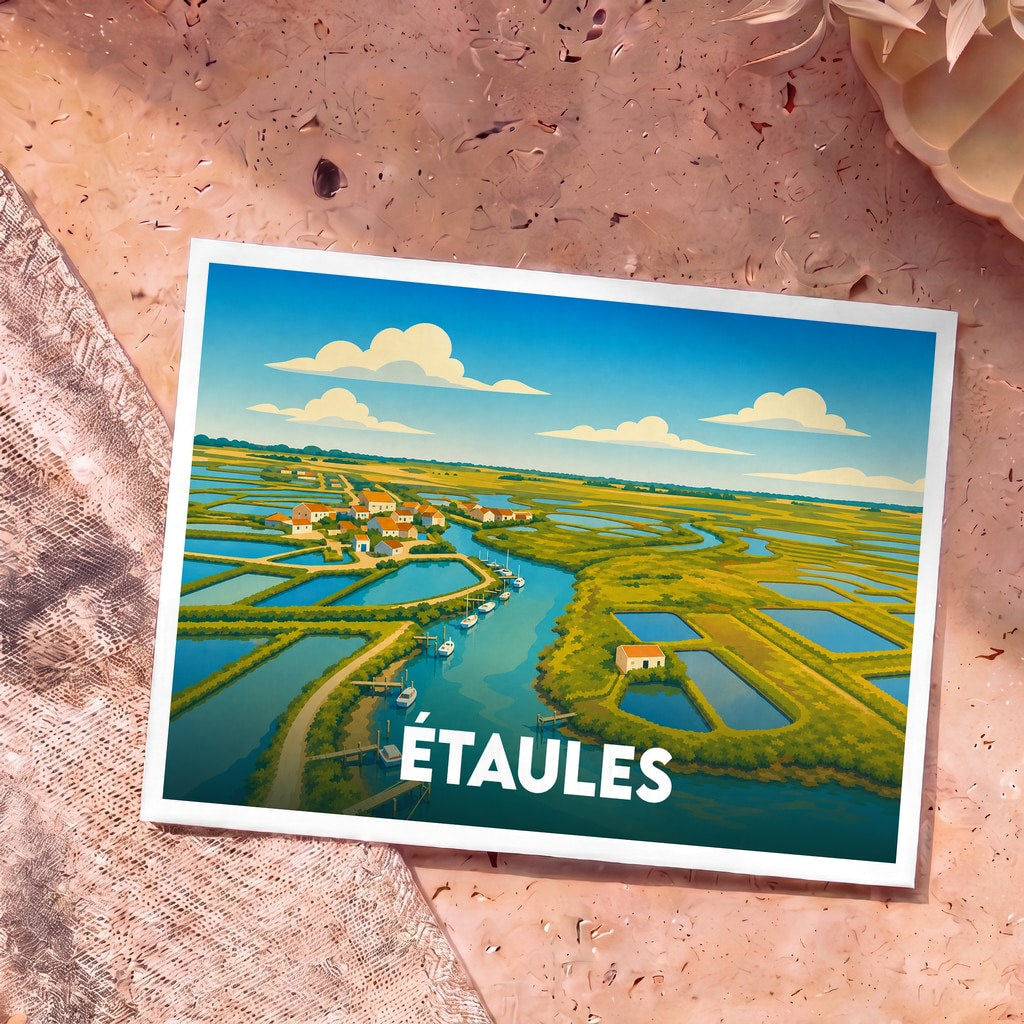 Carte postale souvenir de la ville d'Étaules illustrant ses marais salants dans un style graphique et coloré.
