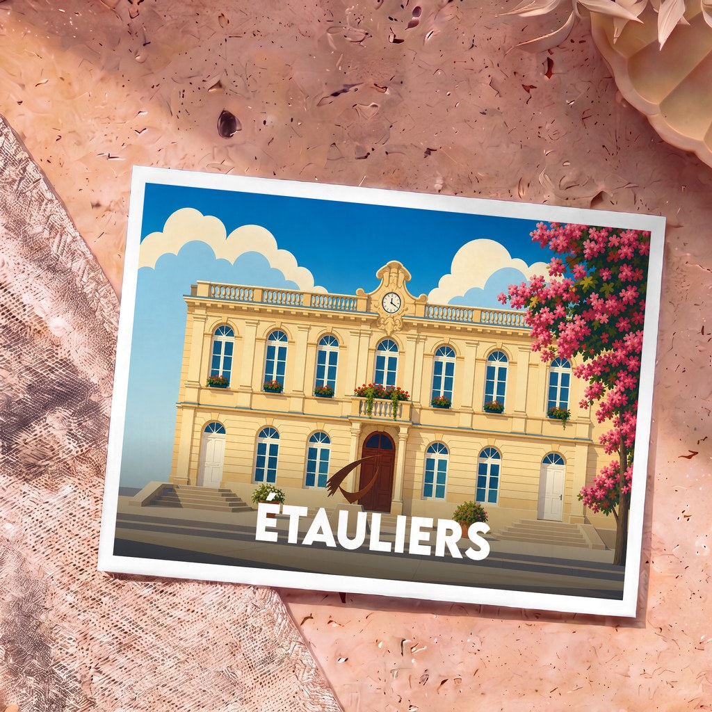 Carte postale souvenir de la ville de Étauliers avec une illustration stylisée de sa mairie.