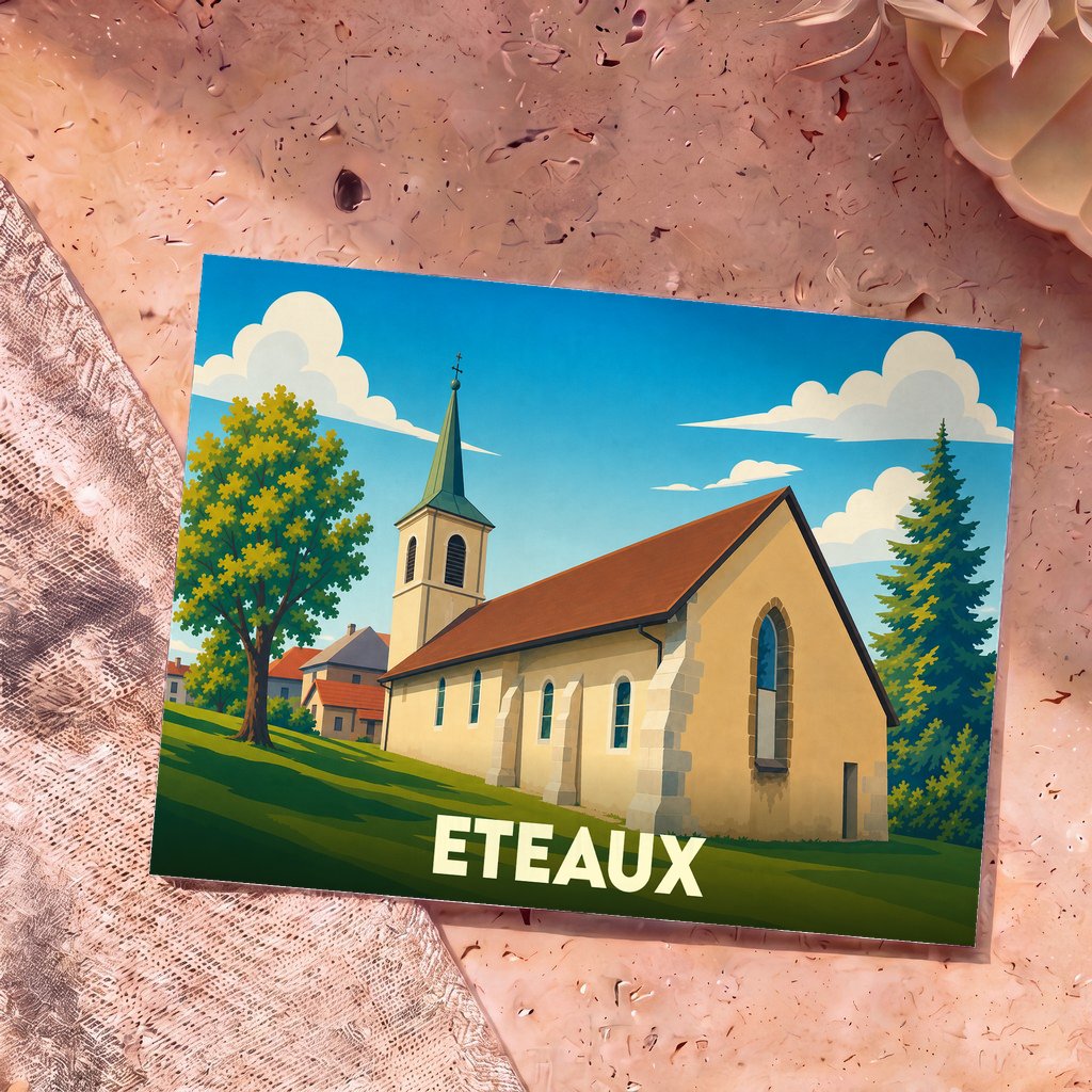 Carte postale souvenir de la ville d'Eteaux avec une illustration stylisée de son église.