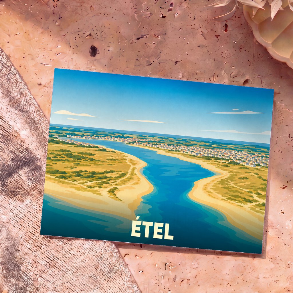 Carte postale souvenir de la ville d'Étel avec une illustration stylisée vue du ciel de sa ria et de ses côtes.