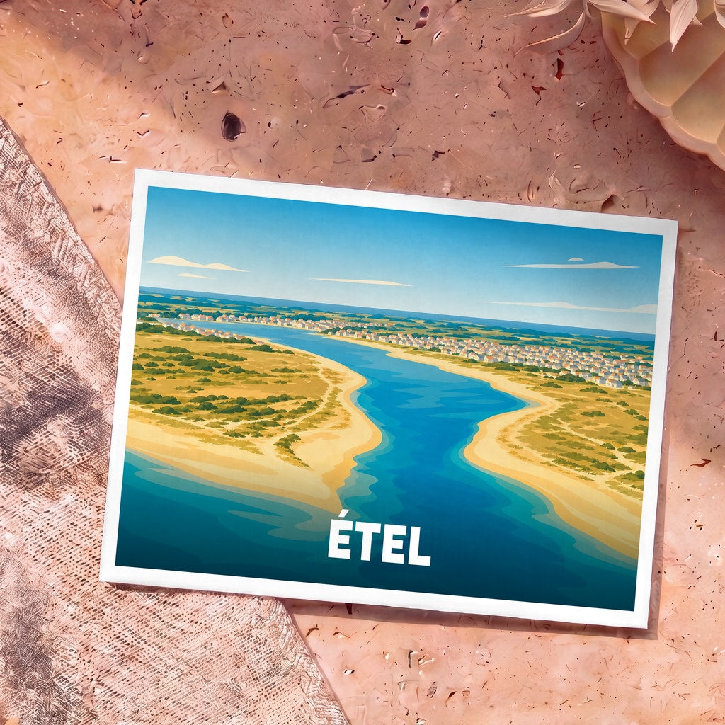Carte postale souvenir de la ville d'Étel avec une illustration stylisée vue du ciel de sa ria et de ses côtes.