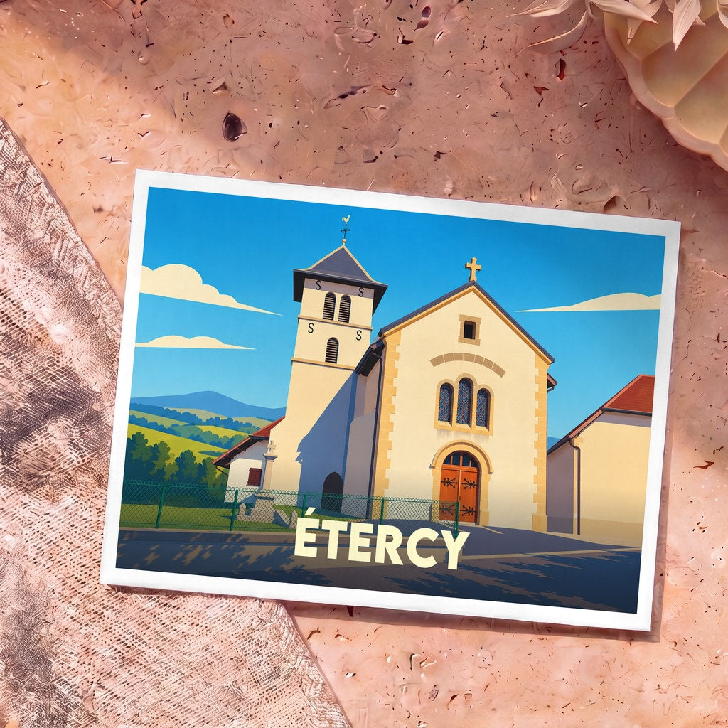 Carte postale souvenir de la ville de Étercy illustrant son église dans un style graphique épuré.